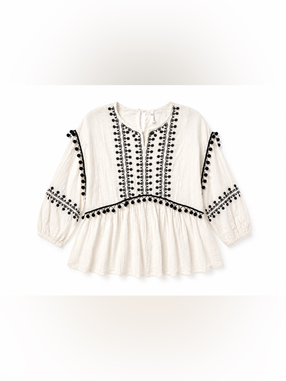 Zara Trafaluc Boho Embroidered Blouse | Pom Trim Peplum Top | Size L